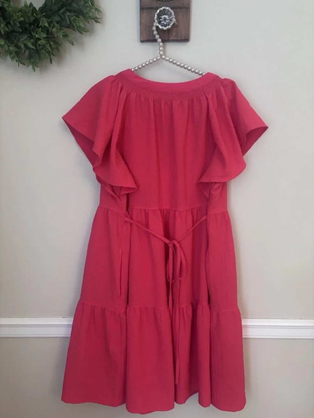 Calvin Klein Womens Size 14 Red Orange Dress Flutter Sleeve Pockets Tiered